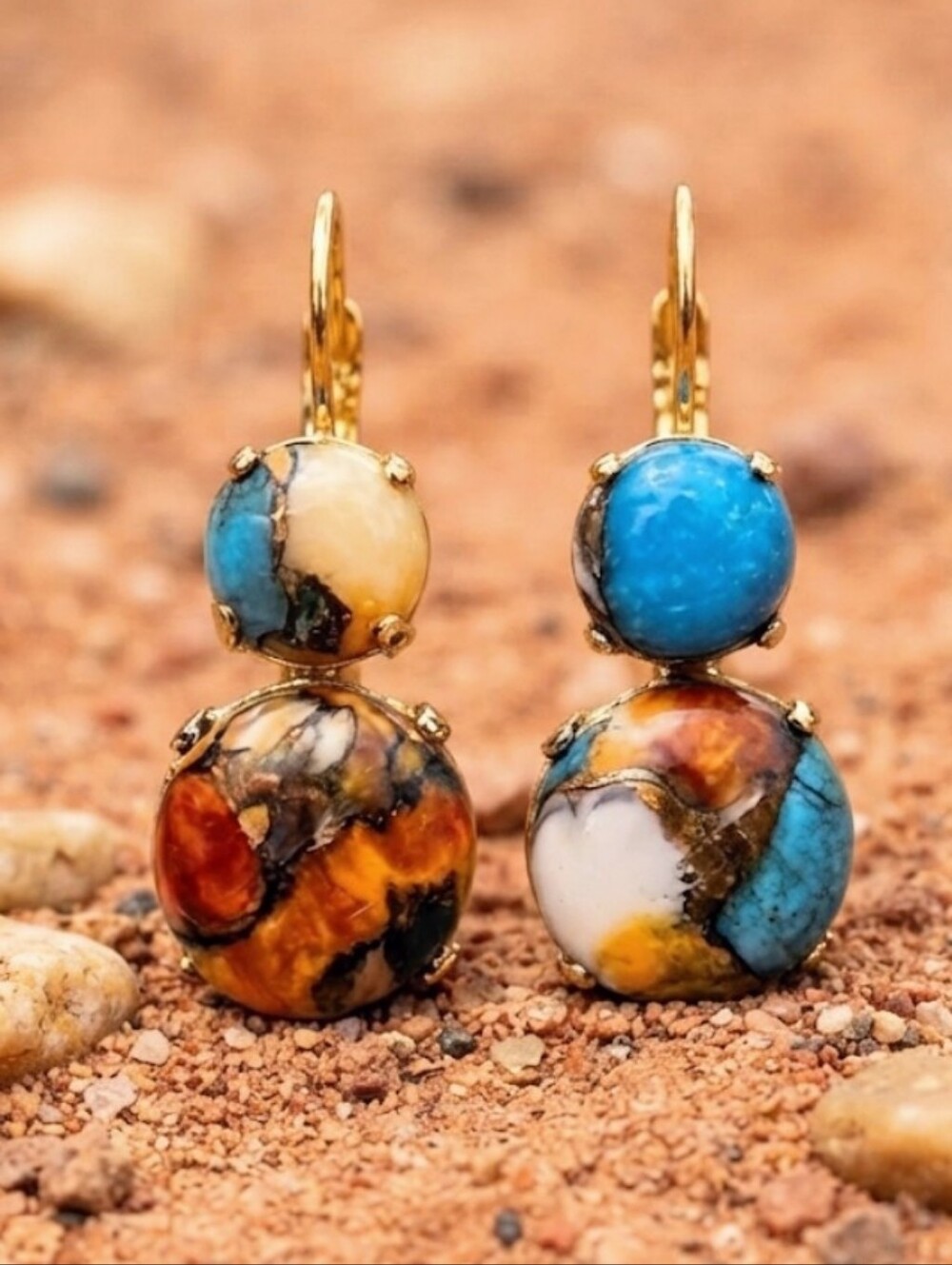 Genuine Oyster Copper Turquoise In Two Stone Setting Gold Plated Earrings